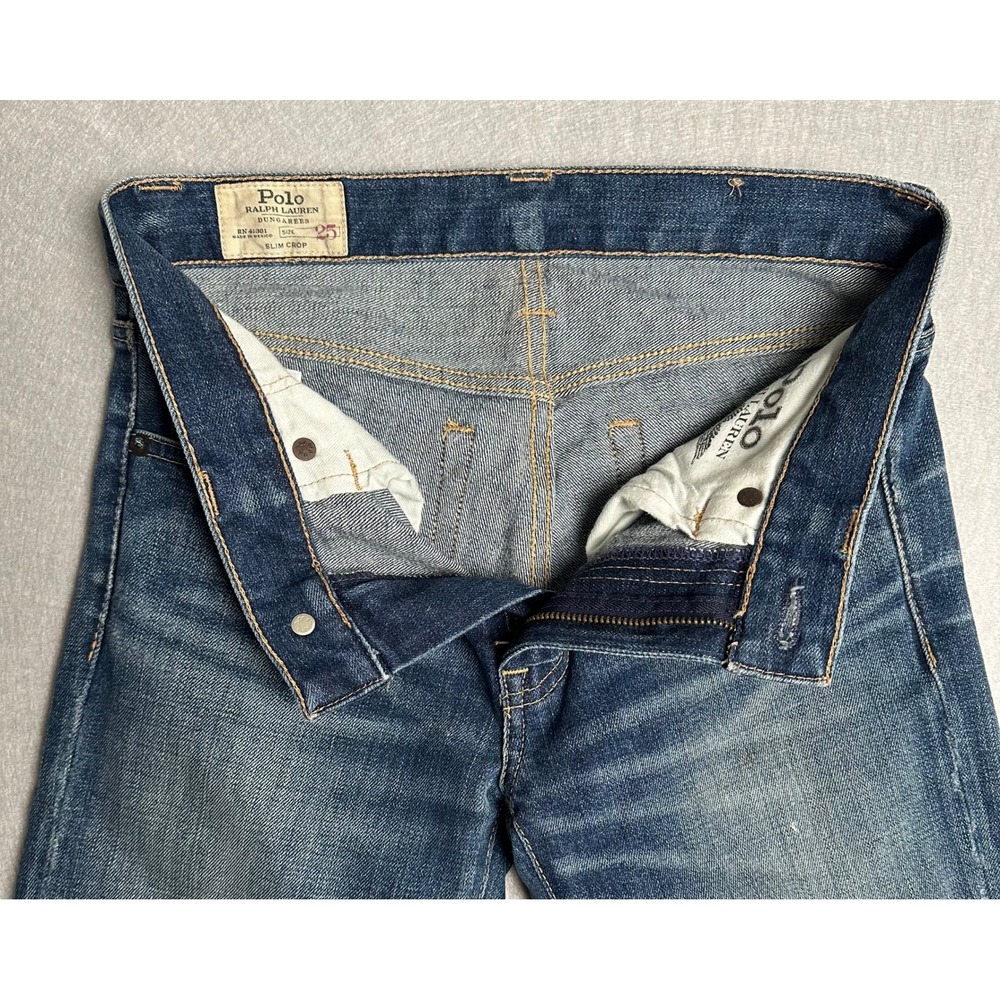 Polo Ralph Lauren Dungarees Slim Crop Jeans Blue Distressed Frayed Hem Size 25 - Picture 4 of 8